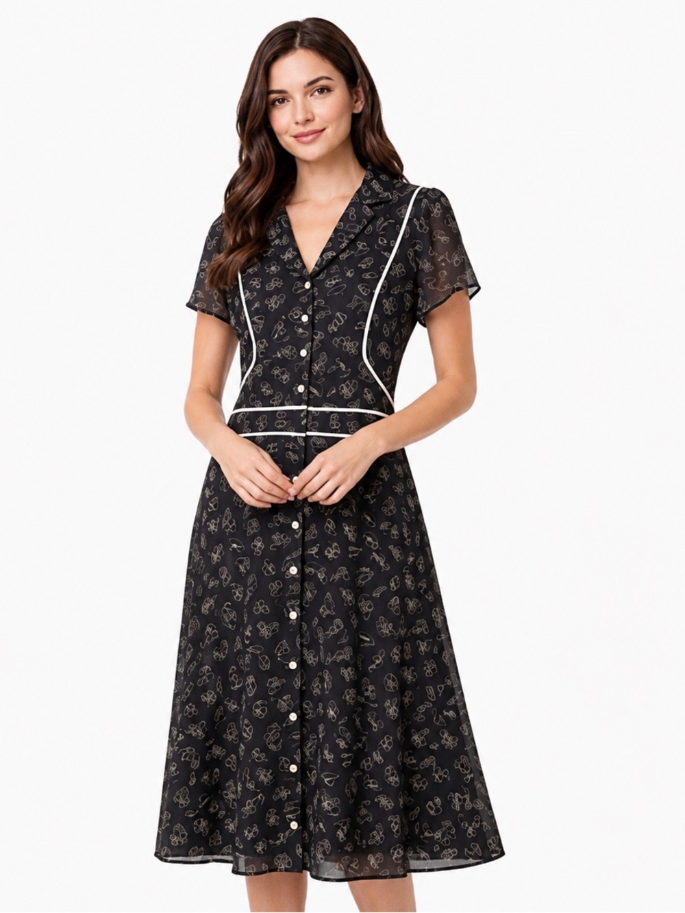 Componix Black Novelty ModCloth Style Print Shirt‎ Dress White Piping Button S